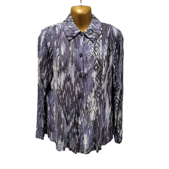 Attitudes by Renee Small Aztec Print Shirt Denim Vibes Blue Gray Off-White - Picture 2 of 13